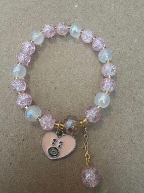 Pink Beaded Heart Charm Stretch Bracelet - Unbranded